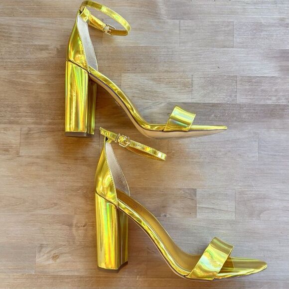 Sam Edelman Yaro Retro Metallic Patent Gold Ankle Strap Block Heel Sandal size 9 - Picture 1 of 11